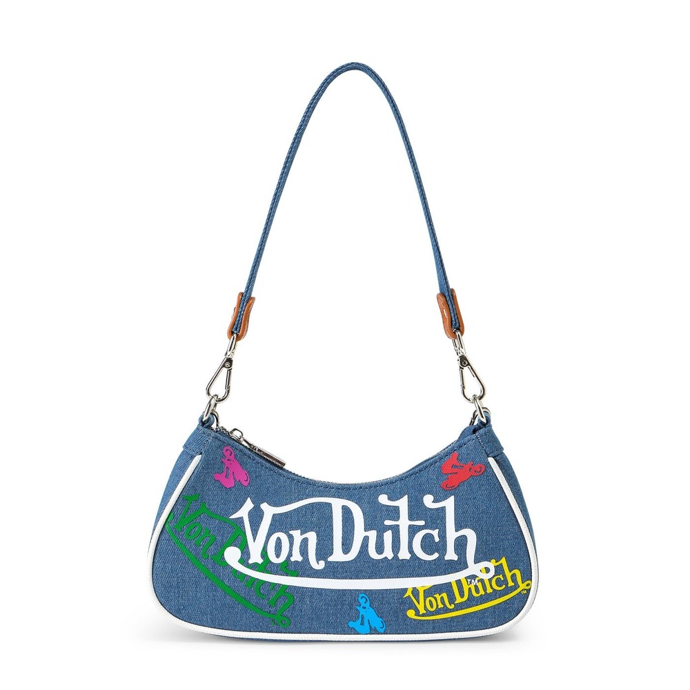 Von Dutch Denim Baguette Bag Blue Multi Color Logo Y2K Shoulder Purse Chain